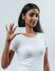 Beautiful Asian Woman Holding Blank Business Card Mockup