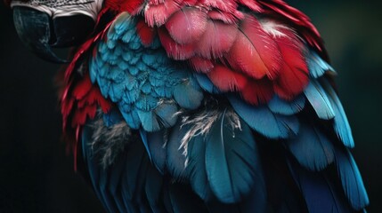 Obraz premium Closeup of a colorful parrot. Parrot feathers, red and blue exotic texture