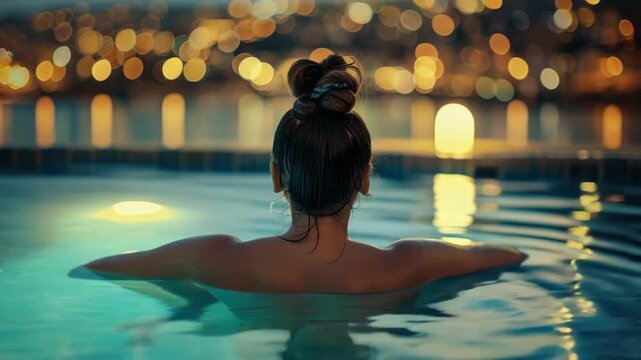 A woman is in a pool with her hair in a bun. She is wearing no clothes. The water is blue