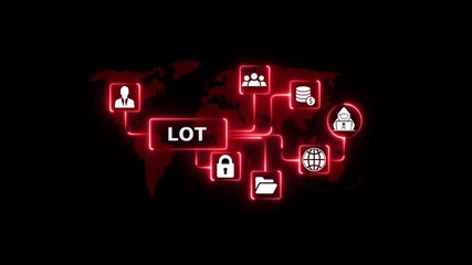Internet of Things I O T network connections global technology concept with icons for people money security communication and innovation on digital world map background neon glow - Powered by Adobe