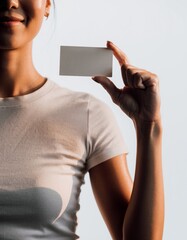 Beautiful Asian Woman Holding Blank Business Card Mockup