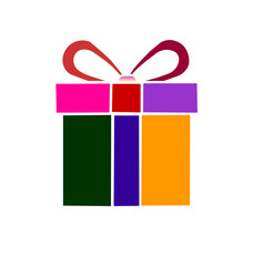 Colorful Christmas gift box with bright ribbon and bold geometric shapes presented in vibrant festive style on white background 