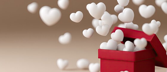 Heart-shaped balloons float out of a red gift box in a happy celebration for Valentine's Day with soft lighting and high detail