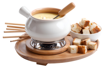 Creamy cheese fondue pot with bread cubes isolated on transparent background
