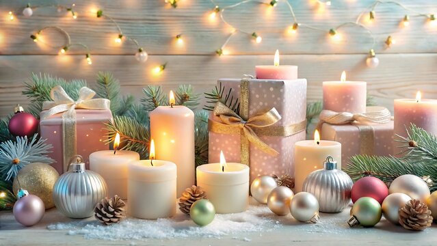 Candle Christmas pastle ornaments and gifts, presents on light background
