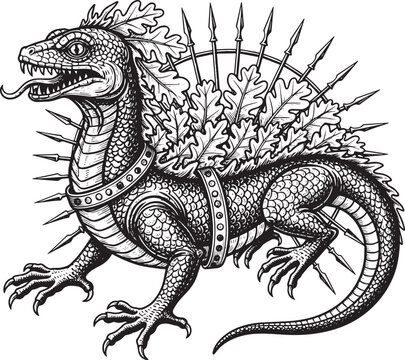 Engraved Mythical Basilisk with Spears, Oak Leaves, and Intricat