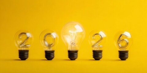 Naklejka na ściany i meble happy new year business celebration holiday silvester, new year's eve business concept - Vintage retro light bulbs with 2026 year number calendar, yellow background