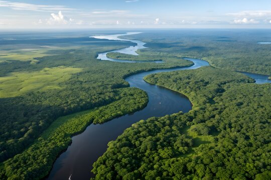 Satellite close-up of Amazon River basin with lush rainforest canopy and winding river channels
