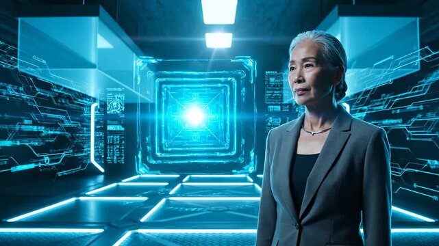 Woman studies hologram in futuristic room. Businesswoman stands confident near virtual display. Executive posture implies leadership and focus. Digital interface surrounds portrait with ai graphics.
