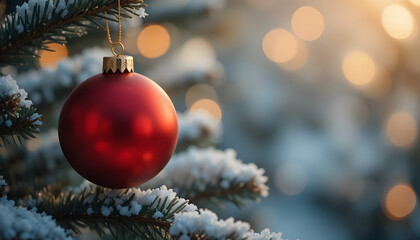 christmas tree with red balls in golden bokeh lights background