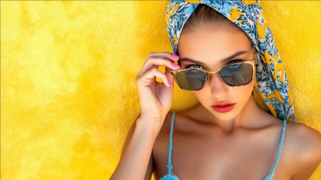 A chic woman is seen wearing stylish sunglasses with a colorful towel wrapped around her head. She radiates confidence and style against a vibrant yellow background.