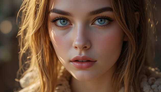 Closeup of Young Woman with Piercing Blue Eyes