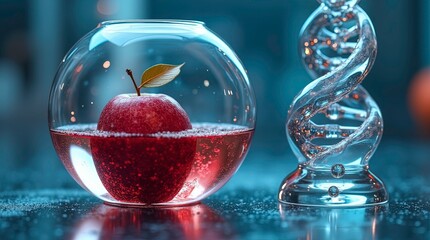 Macro fantasy-science composition featuring a red apple enclosed inside a spherical glass container filled with effervescent red sparkling bubbles a transparent glass DNA double-helix sculpture.