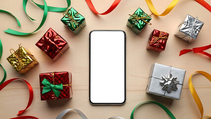 Flat Lay App Presentation Template of Blank White Screen Smartphone on Festive Christmas Wooden Surface