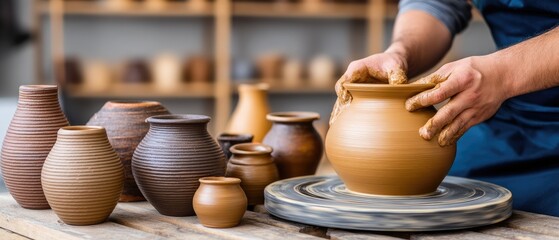 Hands shape clay on a potters wheel in a studio setting showcasing traditional craft skills and the art of pottery making