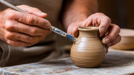 Close-up of hands shaping a vase on a potter's wheel with warm tones and soft light in an artisan studio