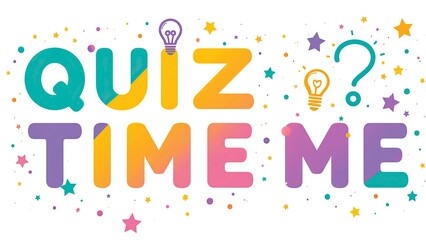 Minimalist colorful quiz time text design on a clean white background with soft pastel gradient edges in blue and pink in a different bright, sharp color.
