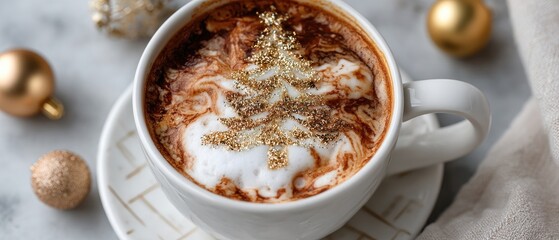 Latte with gold glitter tree design on milk foam in top view on a neutral background featuring festive decorations during holiday season