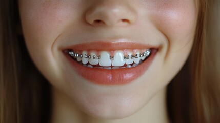 Naklejka premium Close-up of a smile with metal braces showcasing teeth alignment.