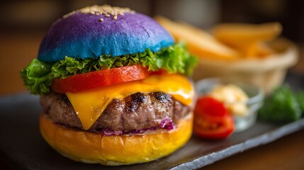 Cheeseburger with Colorful Blue and Yellow Bun.