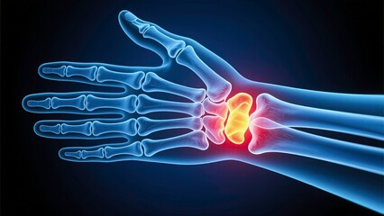 Medical illustration of a human hand x-ray highlighting joint pain or inflammation, is shown in translucent blue tones, with a glowing red area at the wrist joint representing pain or arthritis.