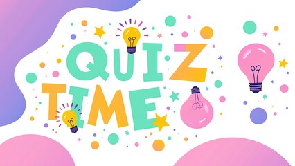 Minimalist colorful quiz time text design on a clean white background with soft pastel gradient edges in blue and pink in a different bright, sharp color.