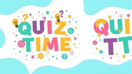 Minimalist colorful quiz time text design on a clean white background with soft pastel gradient edges in blue and pink in a different bright, sharp color.