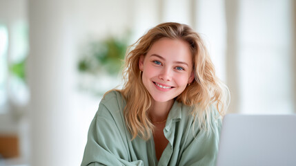 Smiling young woman in a sage shirt looks confidently into the camera while working on her laptop in a bright, cozy interior.