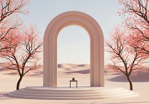 An elegant arched doorway in a serene desert landscape with blooming pink trees on either side, leading to rolling sand dunes under a clear sky - Powered by Adobe