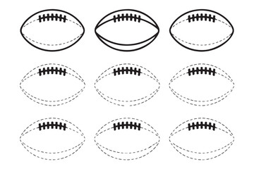 Nine outline american football icons displaying variations in solid and dashed lines for diverse designs