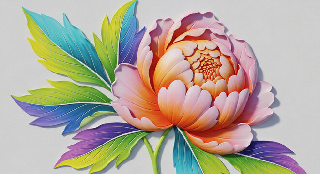 White Matte Flower with Coral and Pink Petals 3D Relief Wall Art, 3D floral Wallpaper for cover, mural, invitation, poster, canvas print, wall decor painting design