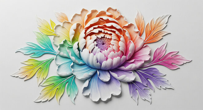 White Matte Flower with Coral and Pink Petals 3D Relief Wall Art, 3D floral Wallpaper for cover, mural, invitation, poster, canvas print, wall decor painting design