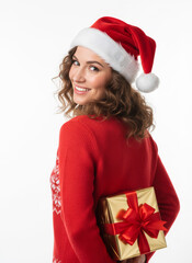 Christmas girl holding a festive gift box smiling happily