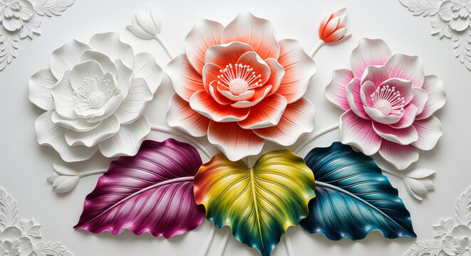 White Matte Flower with Coral and Pink Petals 3D Relief Wall Art, 3D floral Wallpaper for cover, mural, invitation, poster, canvas print, wall decor painting design