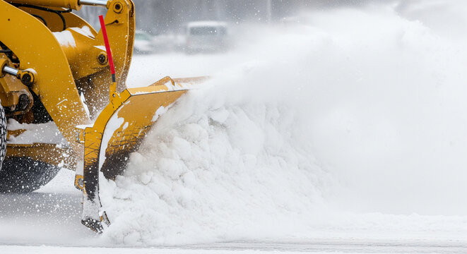 Yellow bulldozer or snow plow clearing a large pile of snow from the road in winter season.