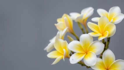 Fototapeta premium Beautiful yellow and white plumeria flowers on a branch against a grey background