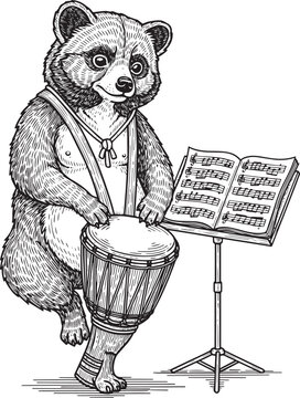 Engraved Raccoon Musician Plays Drum While Reading Sheet Music o