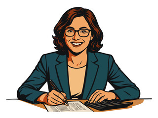 Female accountant in a suit, working with a calculator and paperwork, symbolizing finance and accounting. Generative ai vector colorful pop art illustration.