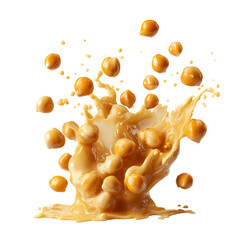 Dynamic, high-speed capture of chickpeas exploding outward with a splash of creamy hummus or tahini. Ideal for plant-based protein marketing, snack packaging, and high-energy food visuals.