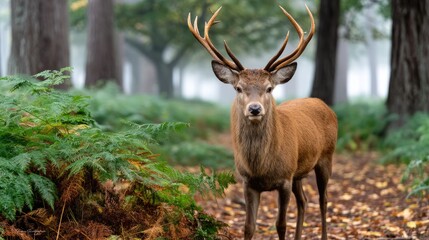 Naklejka premium Majestic red deer stands in an ancient forest with mist and morning light creating a magical setting