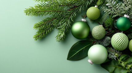 Christmas background with evergreen tree branches and ornaments in green tones, fresh festive decoration composition, with copy space