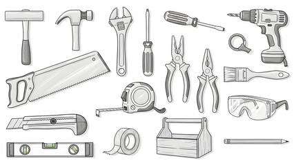 Obraz premium Tools Set Including Hammer, Pliers, Drill on White