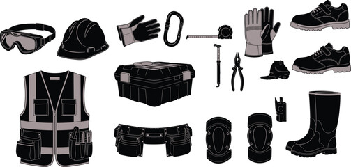 Construction PPE and Tool Silhouettes &ndash; Safety Gear and Equipment Icons for Industrial, Worksite, and Design Use