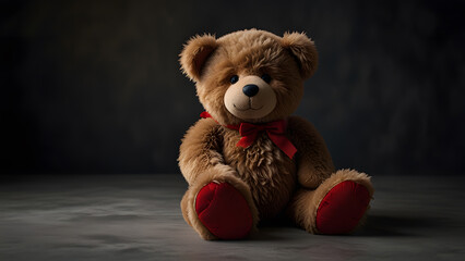 Obraz premium High-quality plush brown teddy bear with a red bow tie posing next to a vibrant single red rose. Nature concept
