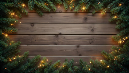 Christmas background. Green fir branches with gold lights on a wooden backdrop. Christmas, winter holidays, New Year