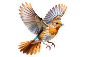 Warm orange-toned small bird soaring upward, soft vector gradients, expressive open wings, premium 3D hybrid look, isolated on transparent background PNG.

