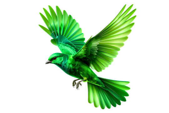Emerald green bird in dynamic flight pose, shiny 3D feathers, lively energetic motion, clean vector edges, isolated on transparent background.
