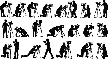 Fototapeta premium Videographer Silhouette Figures with Tripods – Dynamic Filming Poses in Standing, Kneeling, and Crouching Angles for Media and Design Use