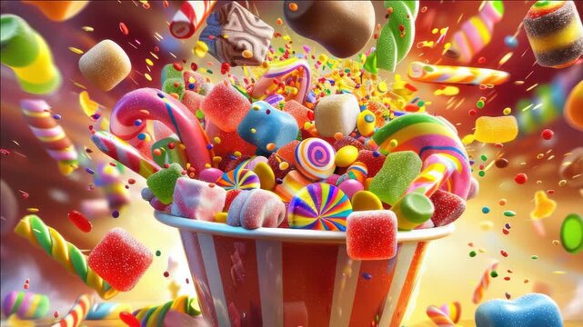 Brightly colored candy spilling out of an old-fashioned bowl