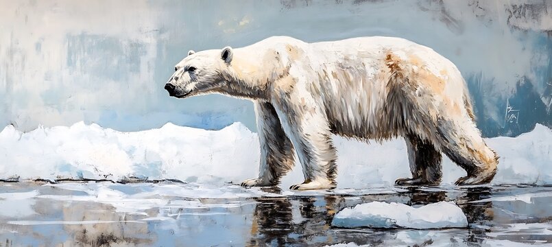 Majestic polar bear walking on melting ice floe in icy arctic landscape painting style